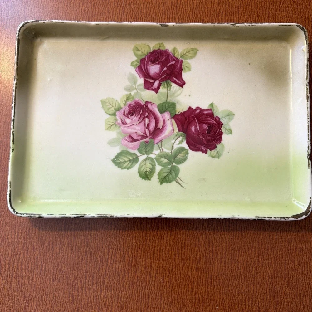 Vtg Painted Vanity Tray From Austria Pink Roses Gold Trim 8.5